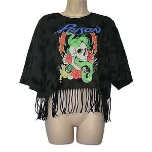 Poison Band Tee Skull Snake Graphic Fringe Hem Tie Dye Cropped Top Rock music 2X